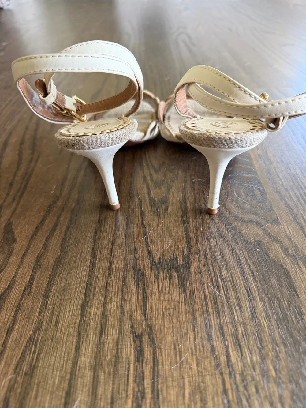 Tory Burch Ivory Scalloped Laser-Cut Ankle Strap Heels